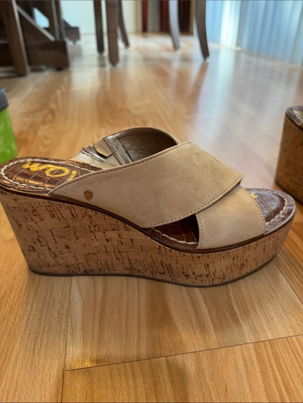 Sam Edelman Tan Suede Cork Platform Wedge Slides